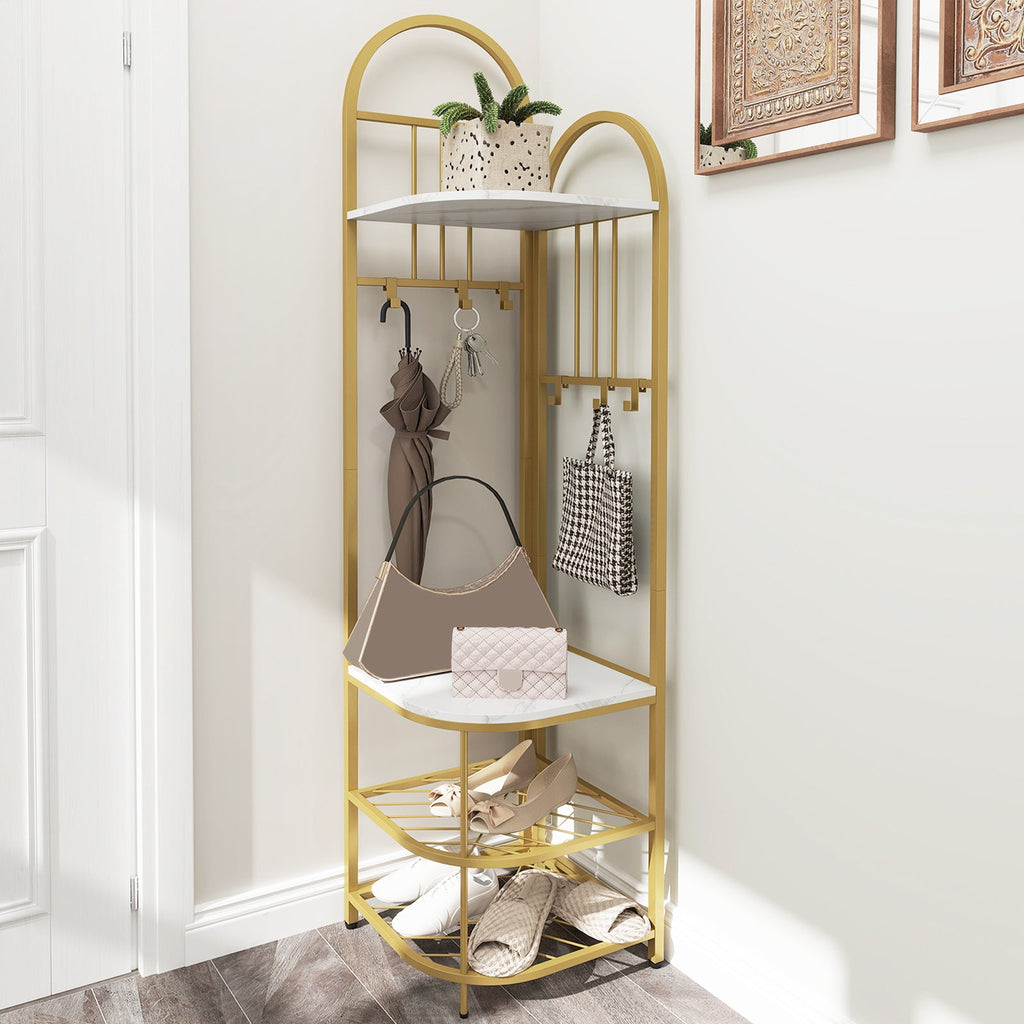4-Tier Coat Rack Corner Hall Tree with Shoe Storage Bench-White