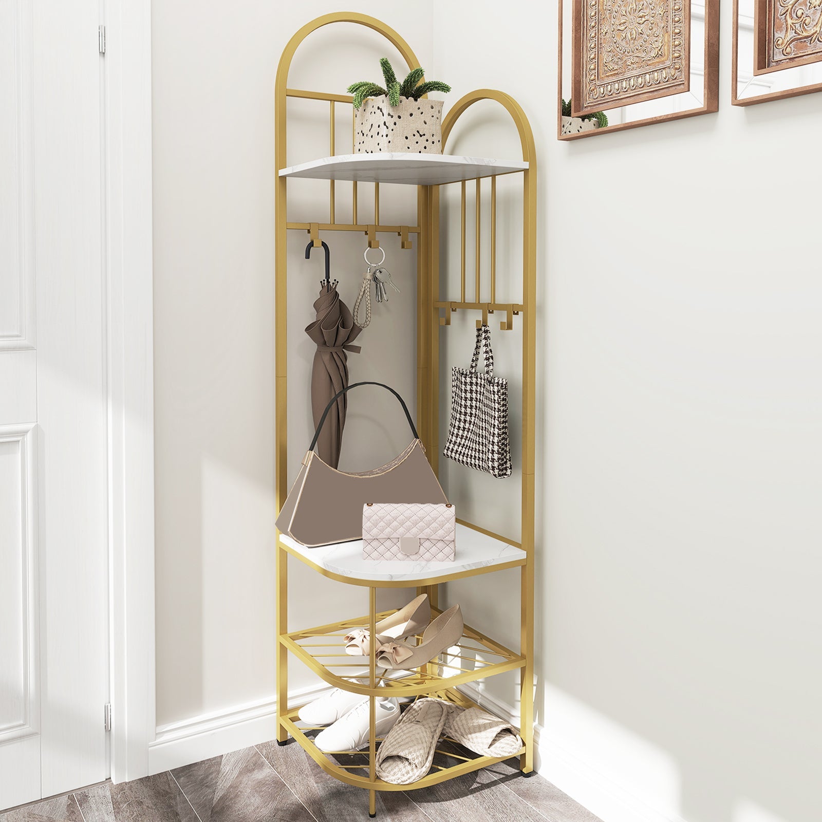 4-Tier Coat Rack Corner Hall Tree with Shoe Storage Bench-White