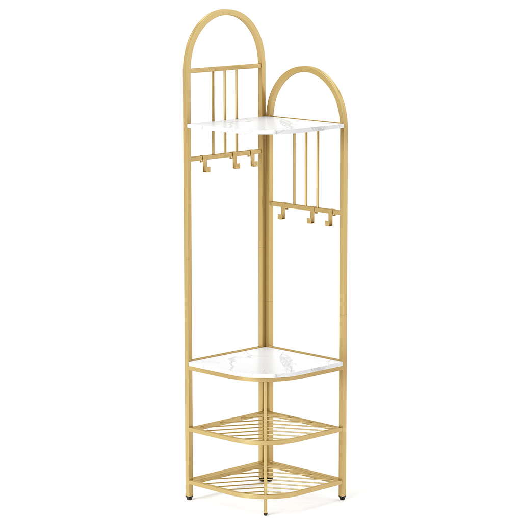 4-Tier Coat Rack Corner Hall Tree with Shoe Storage Bench-White