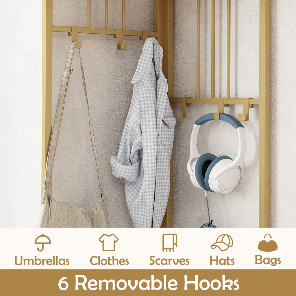 4-Tier Coat Rack Corner Hall Tree with Shoe Storage Bench-White