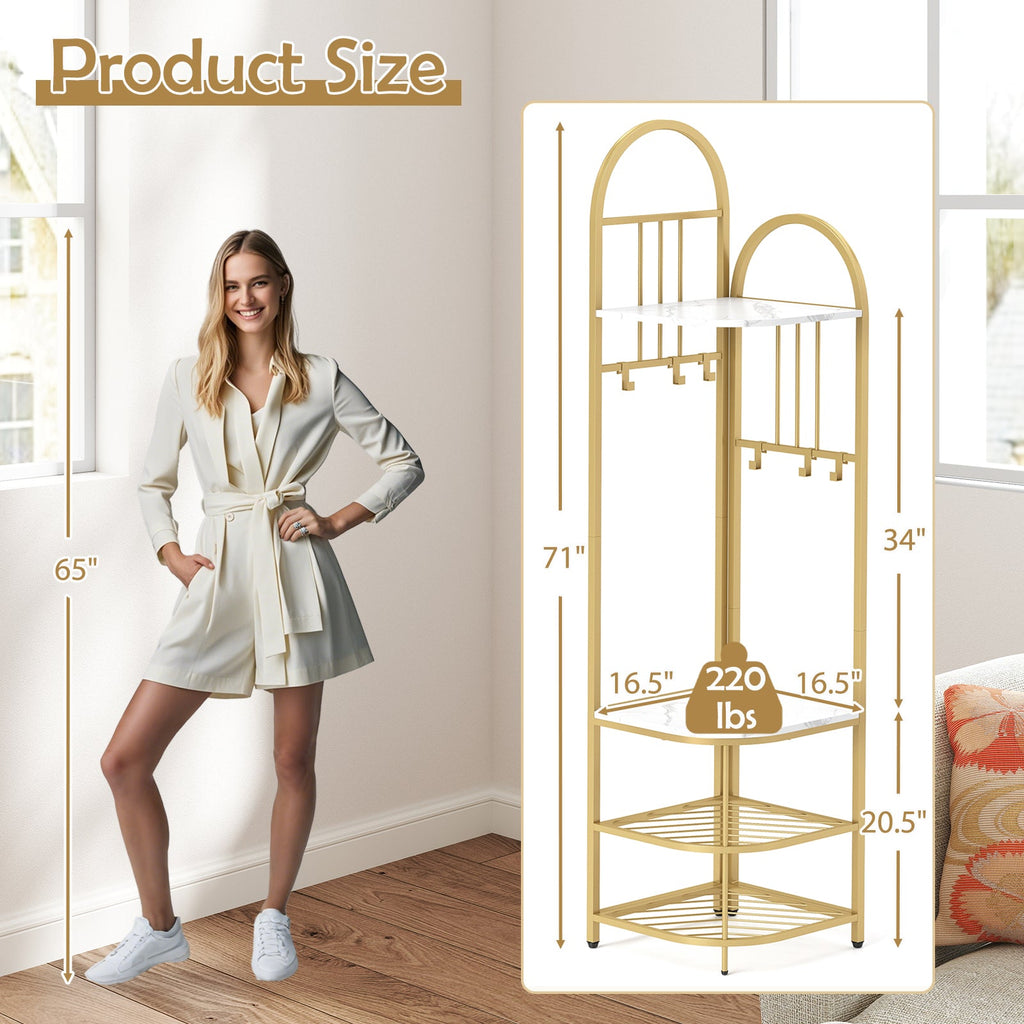 4-Tier Coat Rack Corner Hall Tree with Shoe Storage Bench-White