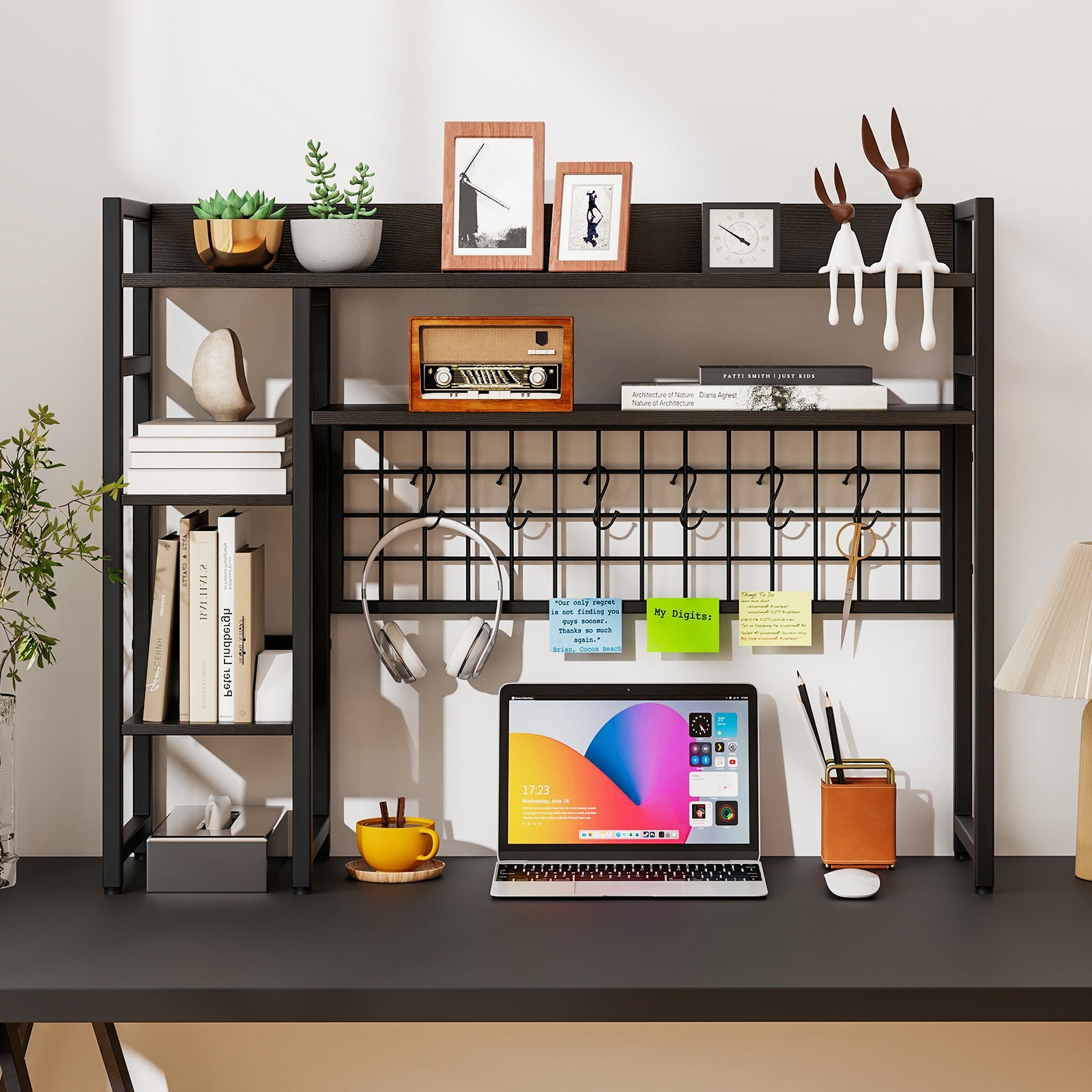 4-Tier Desk Shelf Desktop Display Rack with Metal Grid Panel and 6 Hooks-Black