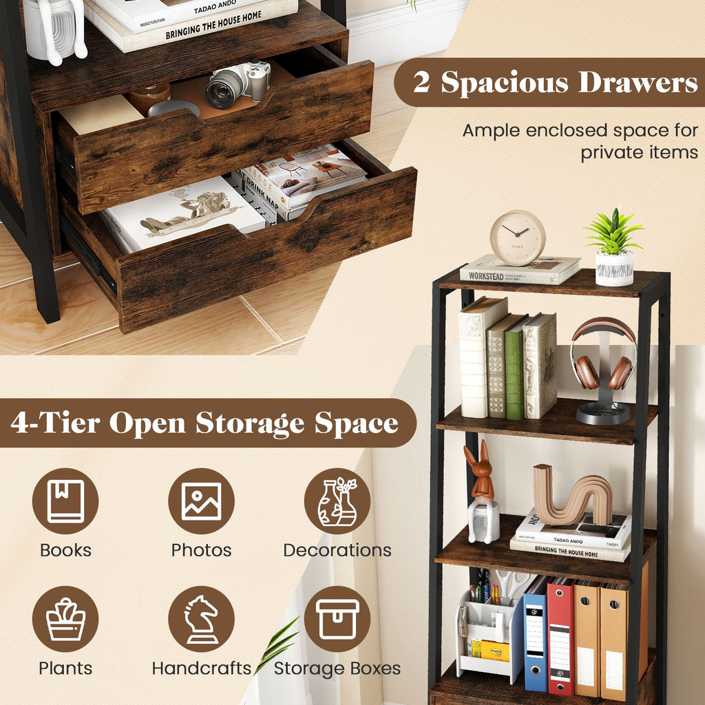 4-Tier Ladder Shelf with 2 Drawers 52.5 Inch Tall Freestanding Bookcase-Rustic Brown