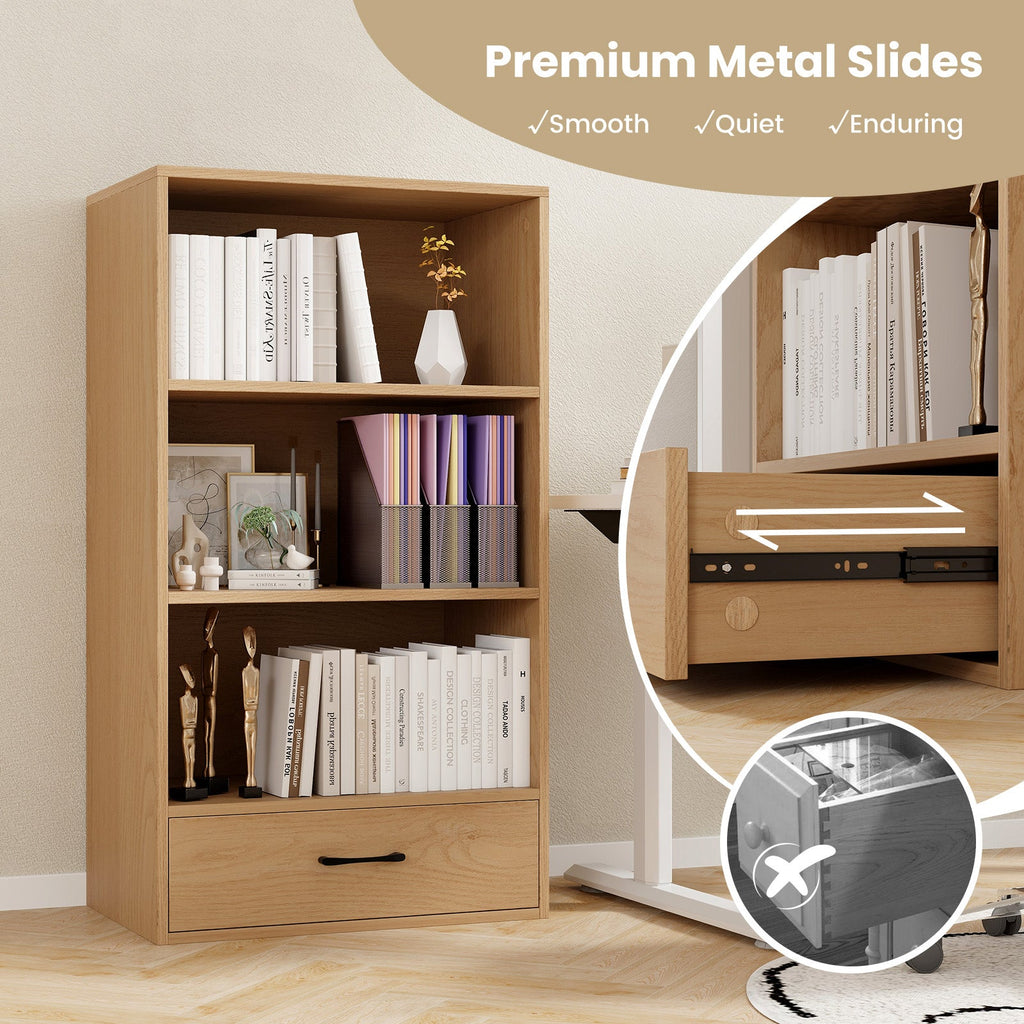 4-Tier Storage Bookcase with Open Shelves Drawer and Anti-toppling Device-Natural