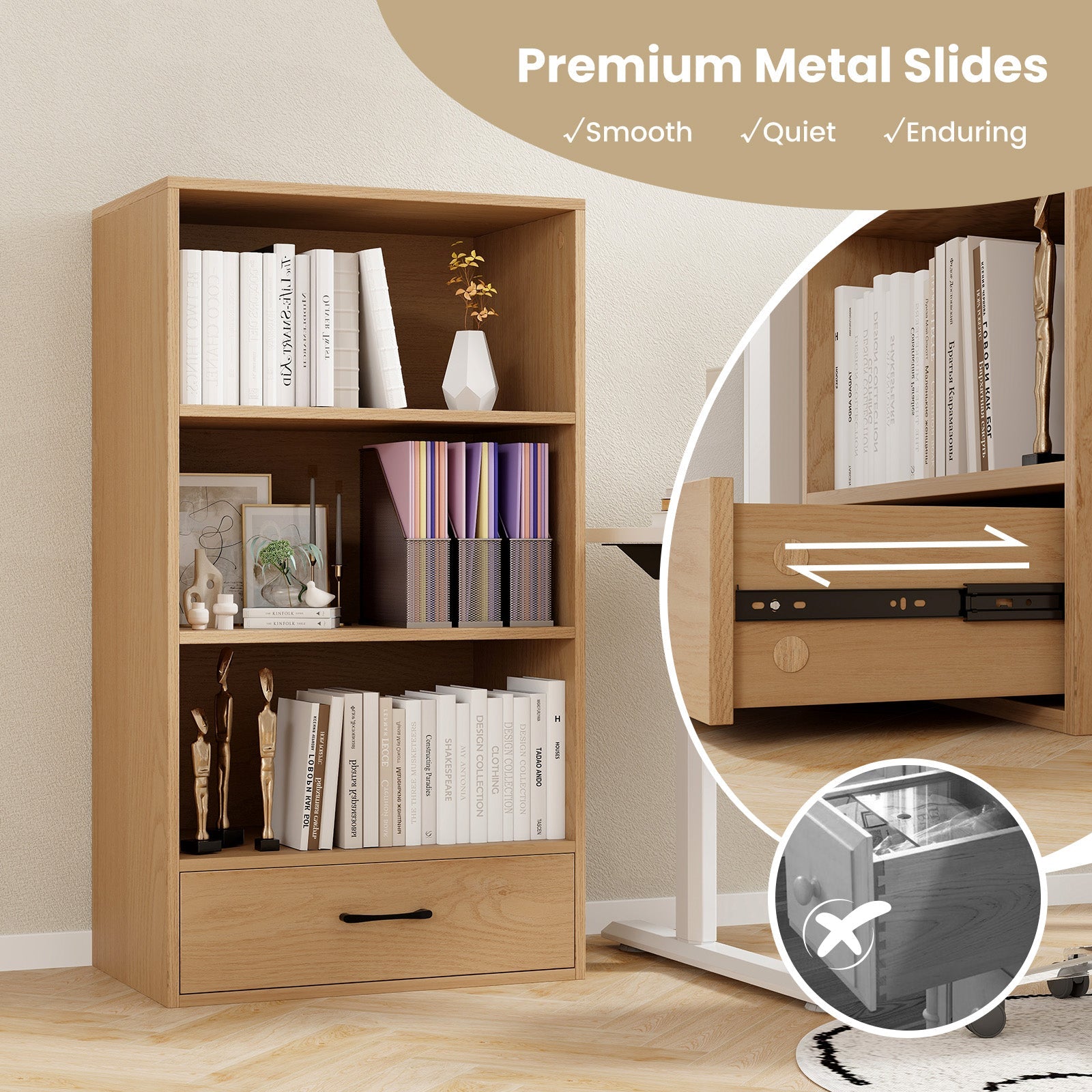 4-Tier Storage Bookcase with Open Shelves Drawer and Anti-toppling Device-Natural