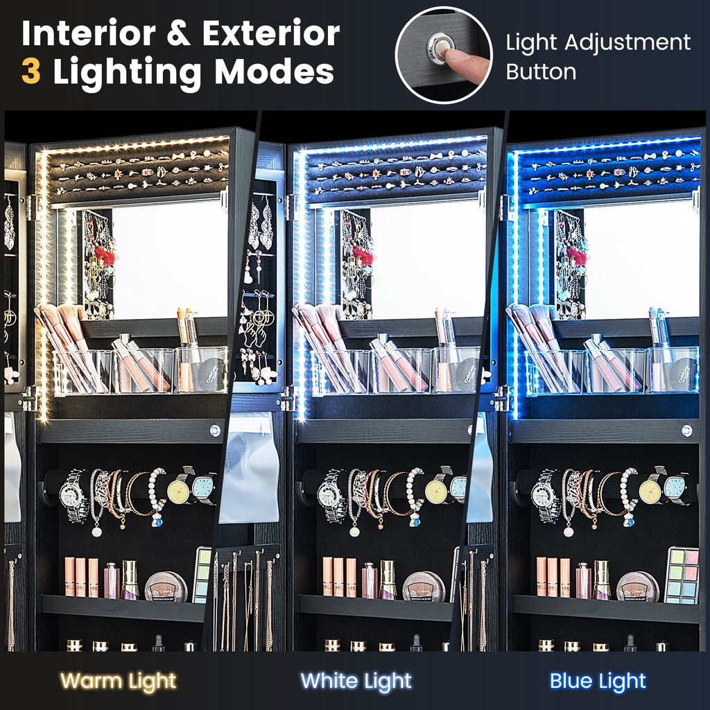 42.5 Inches Lockable Jewelry Mirror Wall Cabinet with 3-Color LED Lights-Black