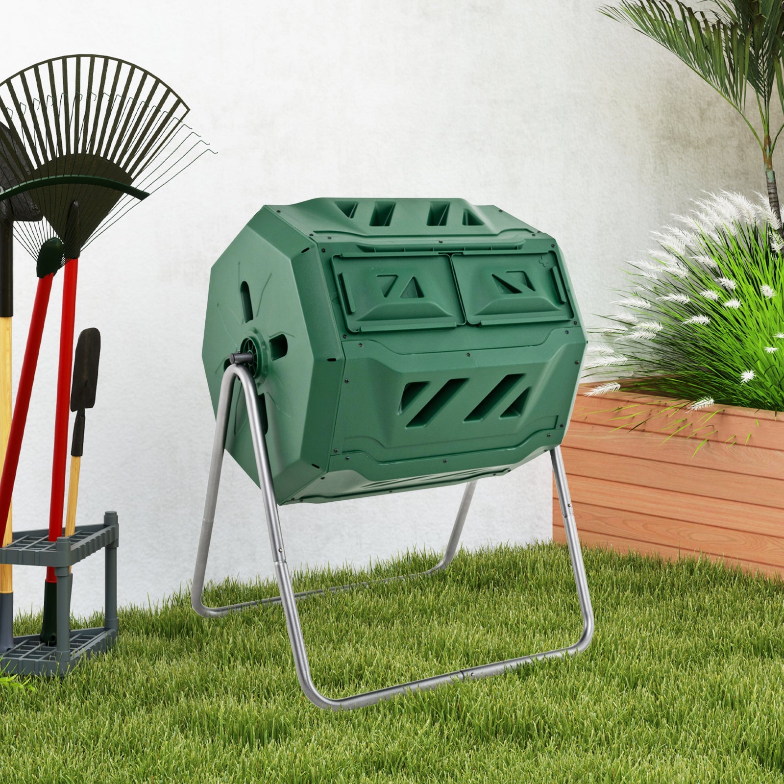 43 Gallon Rotating Compost Bin Barrel with Dual Chamber and Sliding Doors-Green