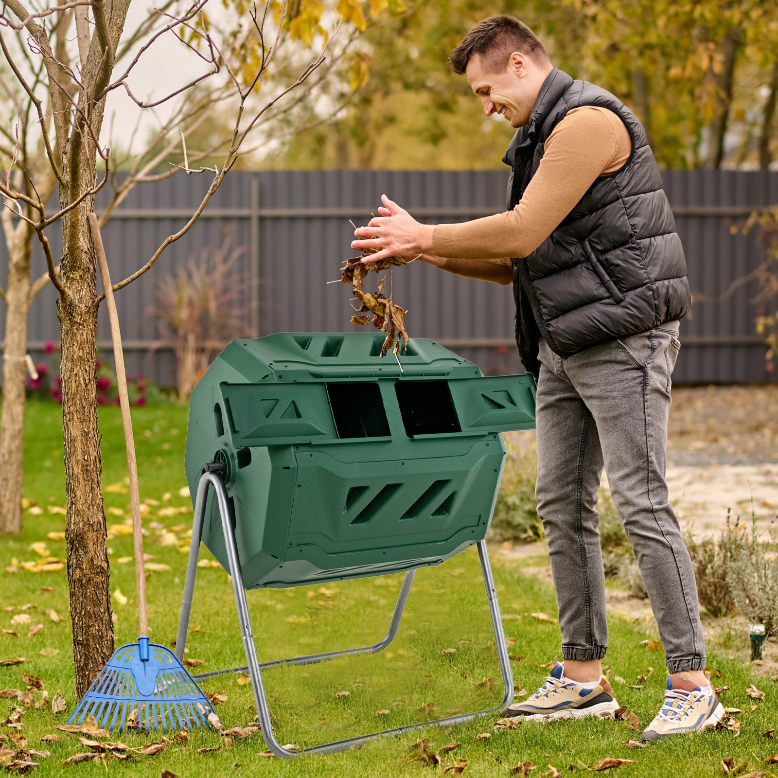 43 Gallon Rotating Compost Bin Barrel with Dual Chamber and Sliding Doors-Green