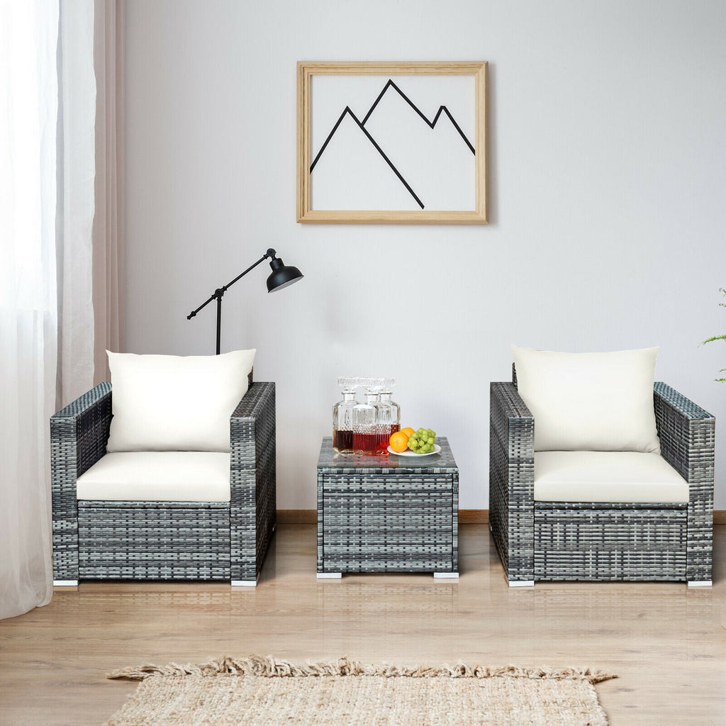 3 Pcs Patio Rattan Furniture Bistro Sofa Set with Cushioned-White