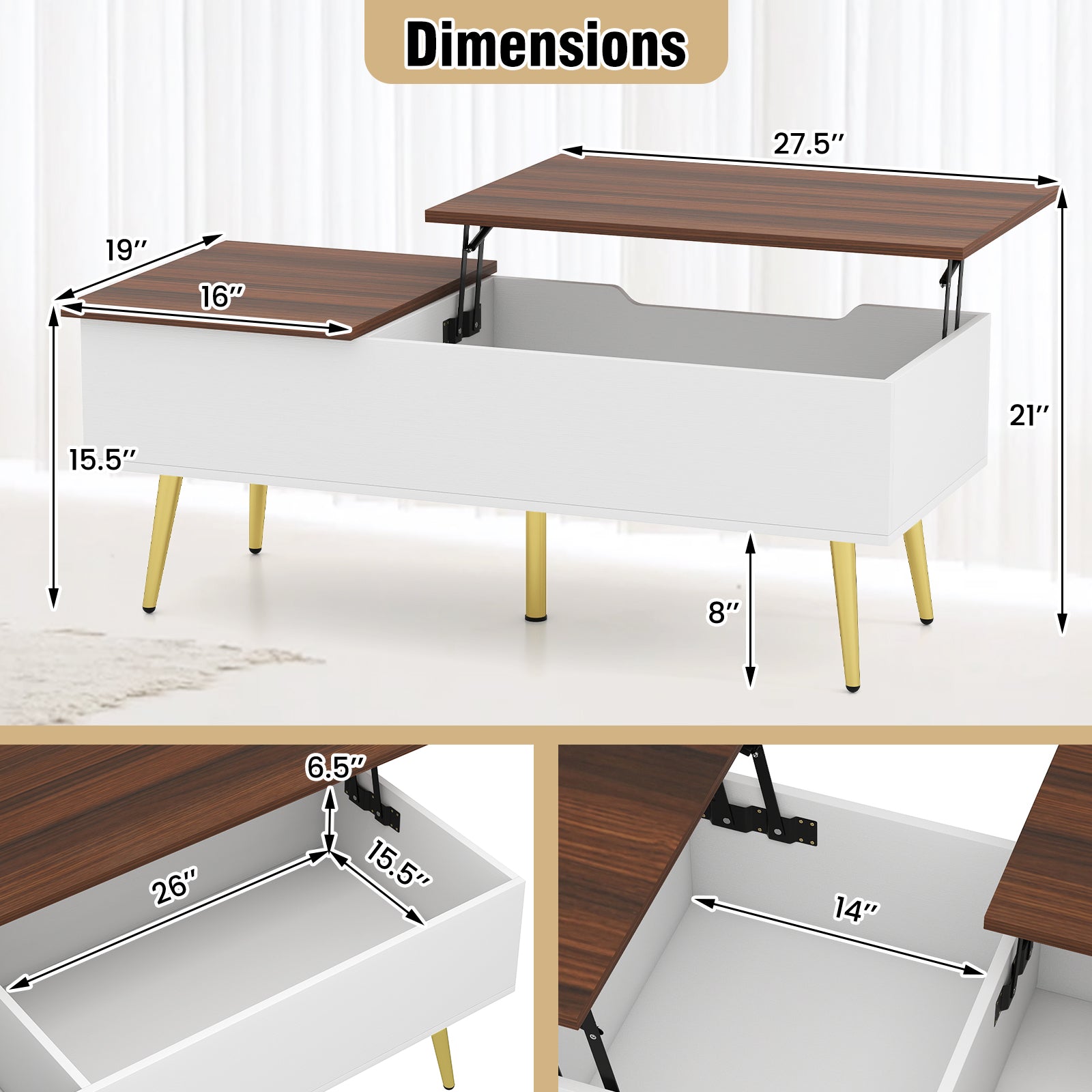 47 Inch Lift Top Coffee Table with 2 Hidden Compartments-Walnut