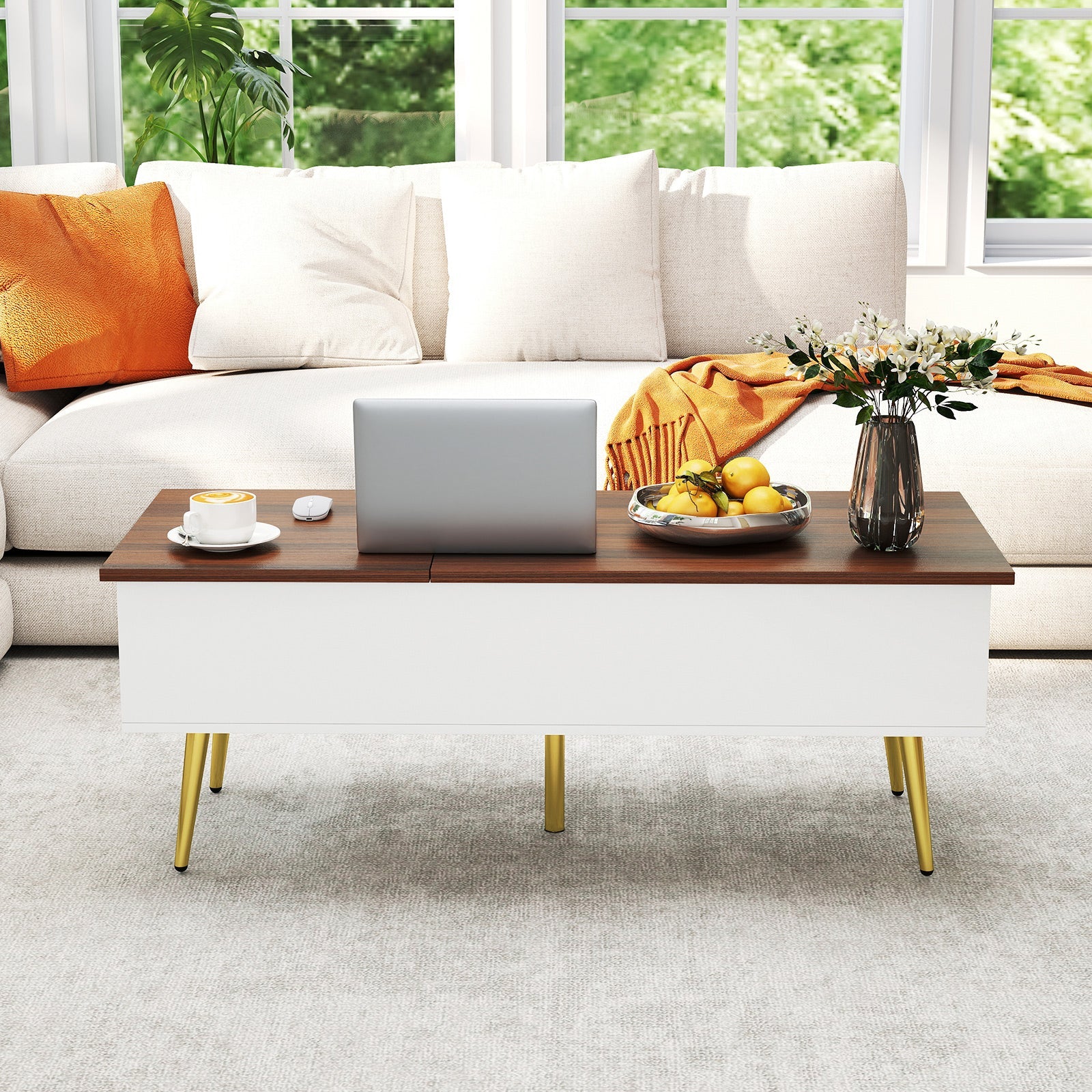 47 Inch Lift Top Coffee Table with 2 Hidden Compartments-Walnut