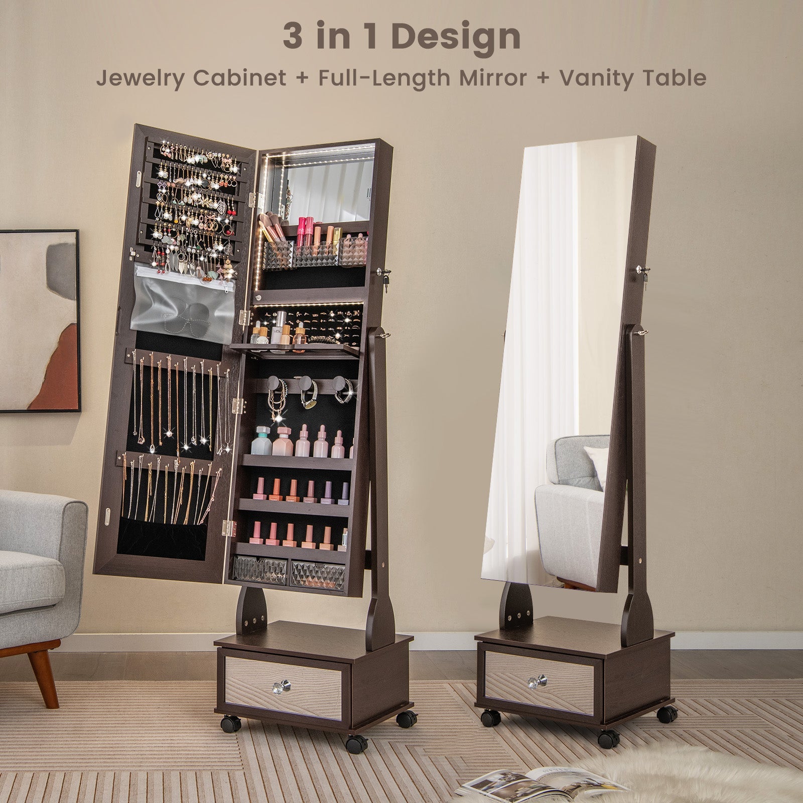 47 Inch Lockable Jewelry Cabinet Armoire with 3-Color LED Lights-Brown