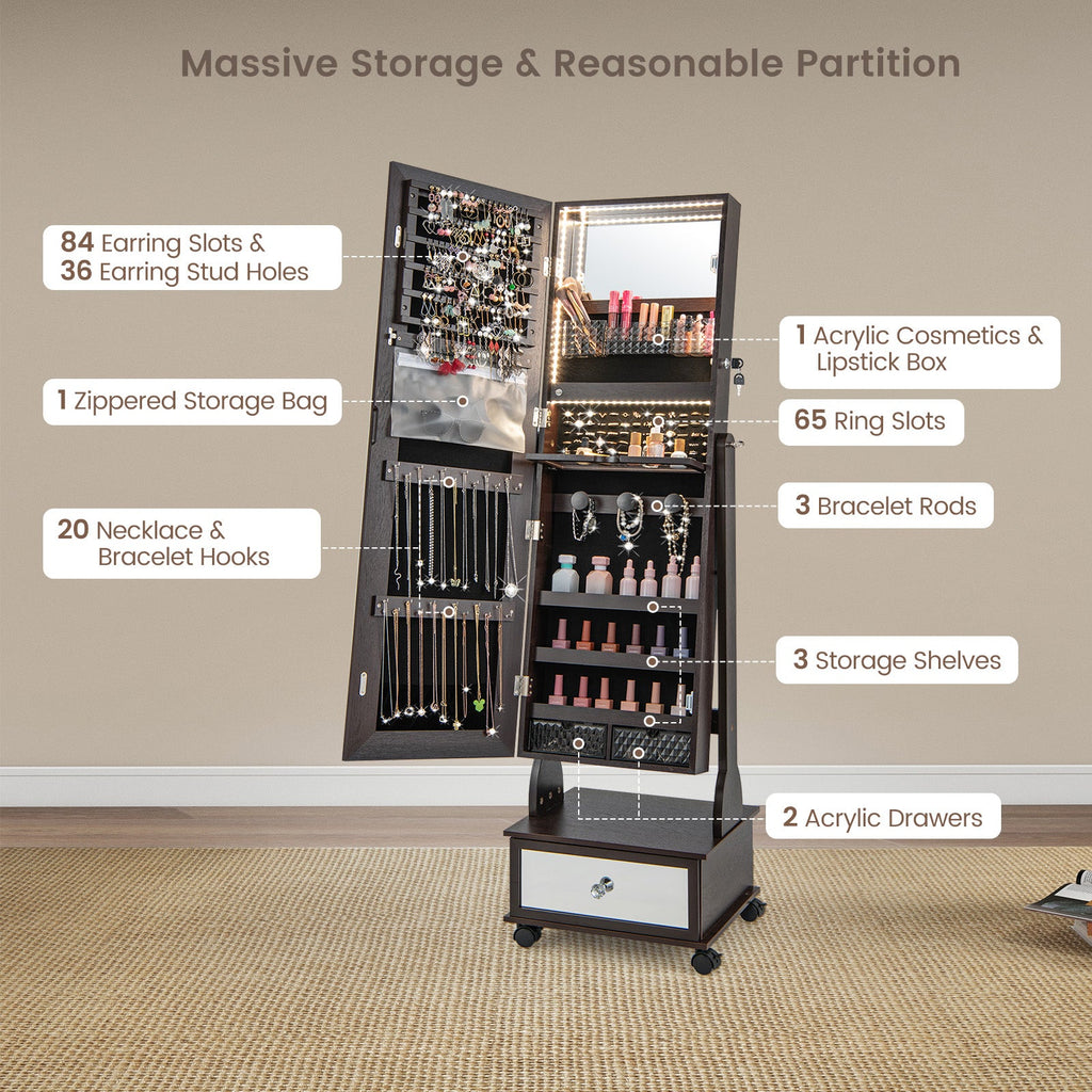 47 Inch Lockable Jewelry Cabinet Armoire with 3-Color LED Lights-Brown