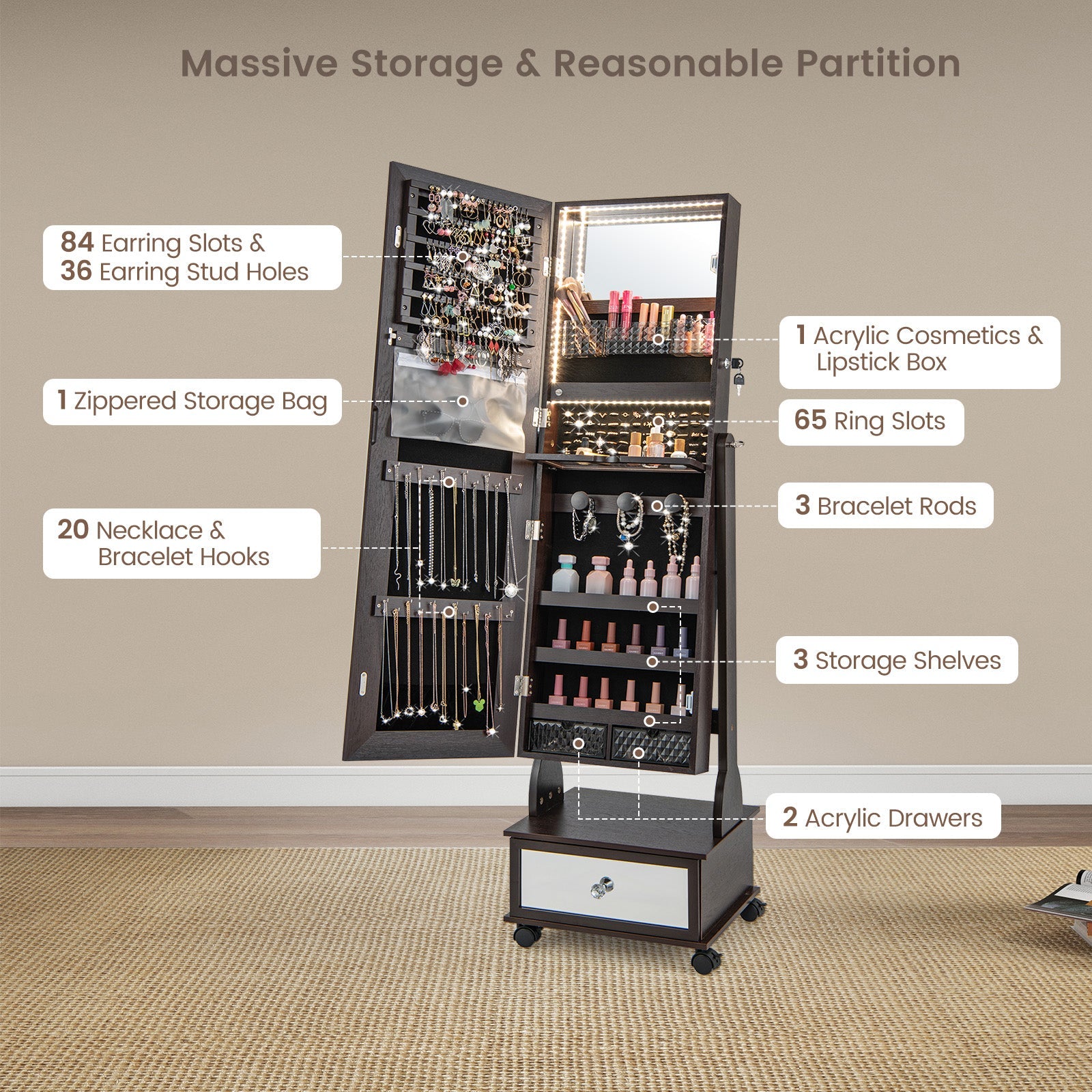 47 Inch Lockable Jewelry Cabinet Armoire with 3-Color LED Lights-Brown