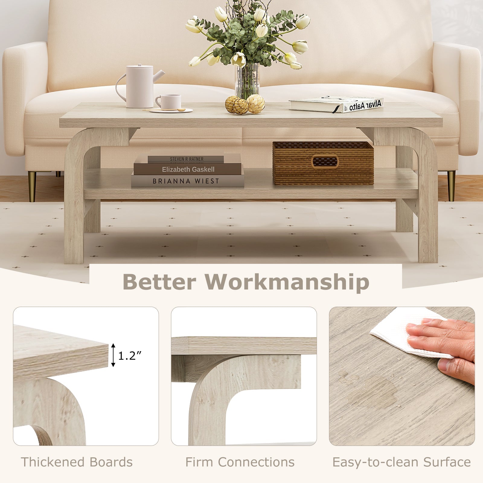 47 Inches Accent Rectangular Coffee Table for Living Room-Natural