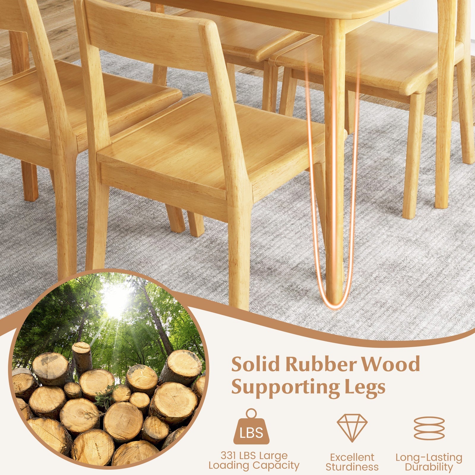 48 Inch Solid Wood Dining Table with Rubber Wood Supporting Legs for Kitchen Dining Room-Natural