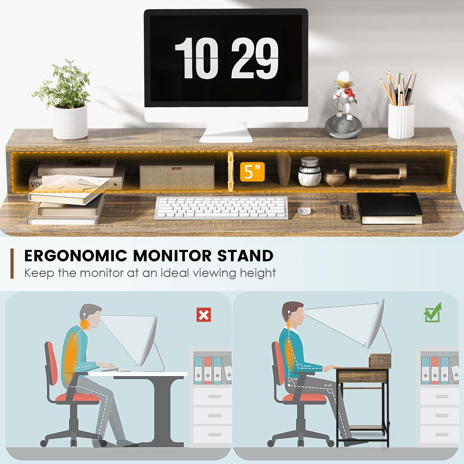 48 Inch Computer Desk with Monitor Stand Drawer and Shelves-Rustic Brown