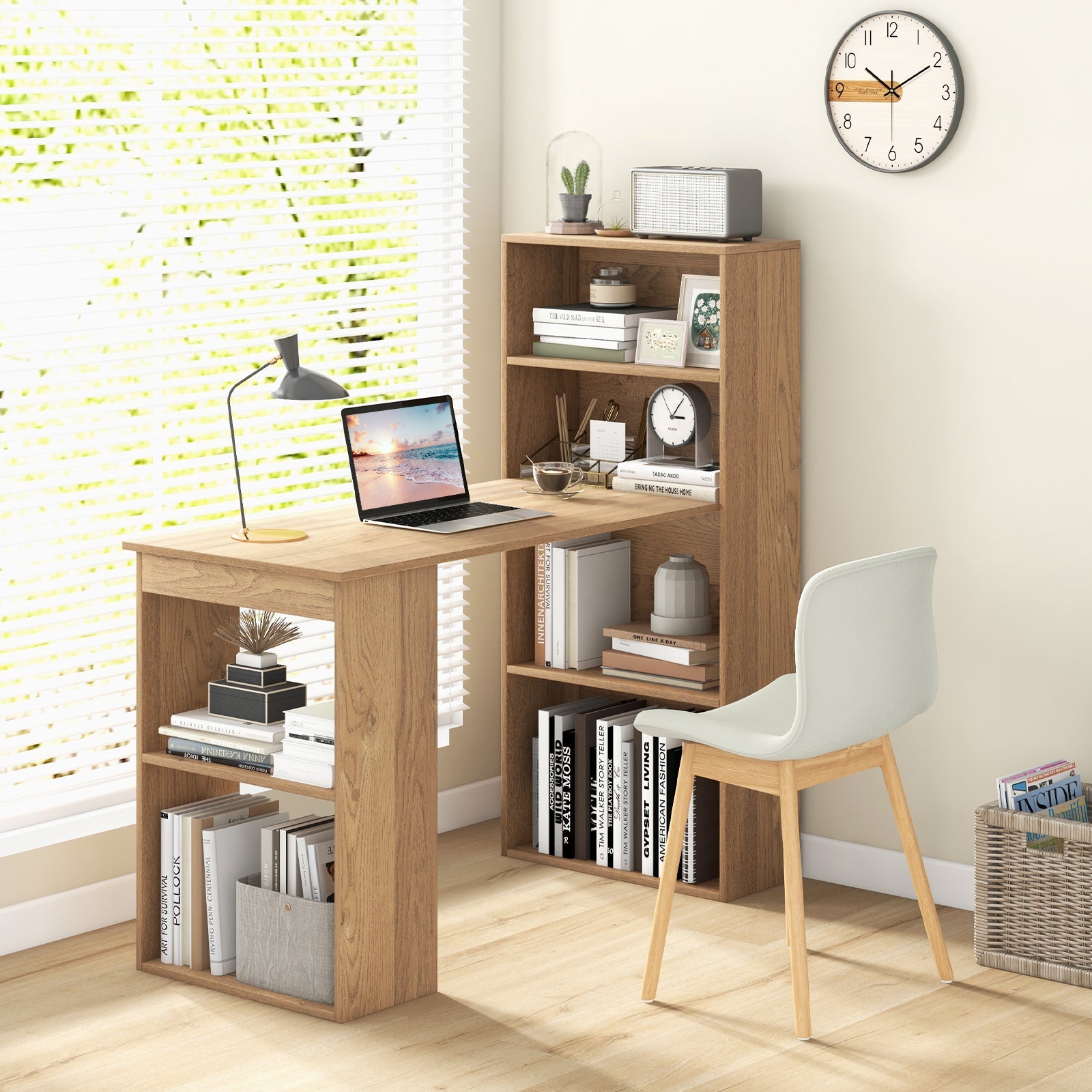 48 Inch Computer Desk with 4-Tier Bookcase and CPU Stand-Natural