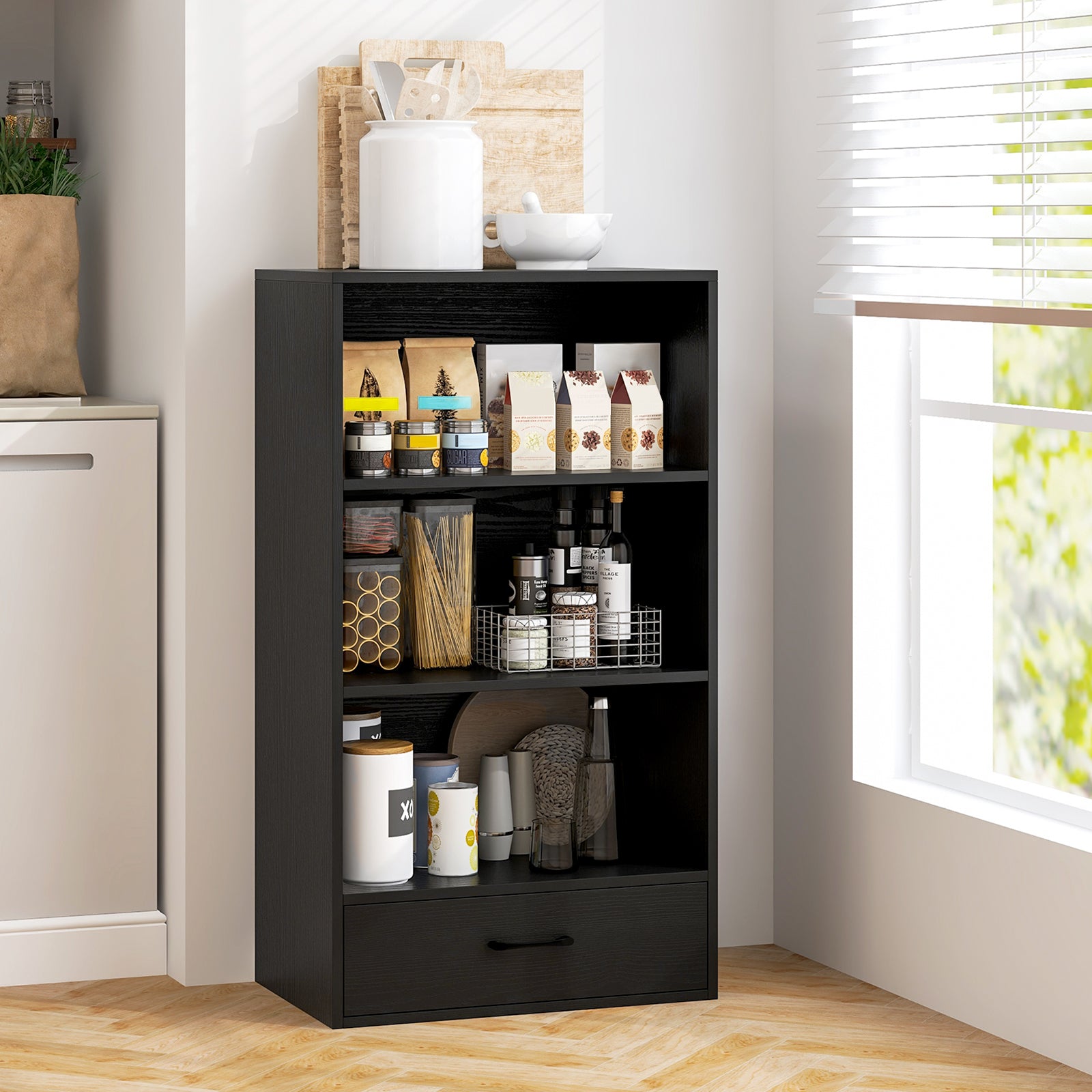 48 Inch Tall 4 Tiers Wood Bookcase with Drawer-Black
