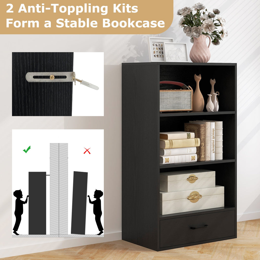 48 Inch Tall 4 Tiers Wood Bookcase with Drawer-Black