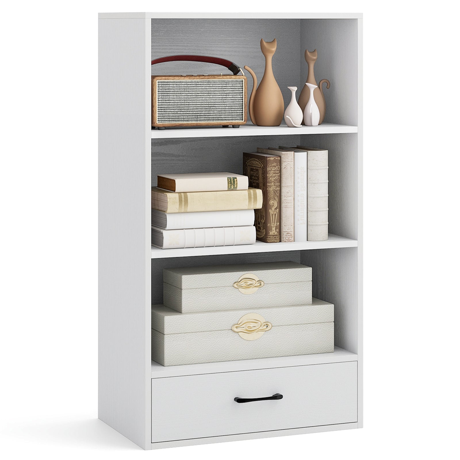 48 Inch Tall 4 Tiers Wood Bookcase with Drawer-White