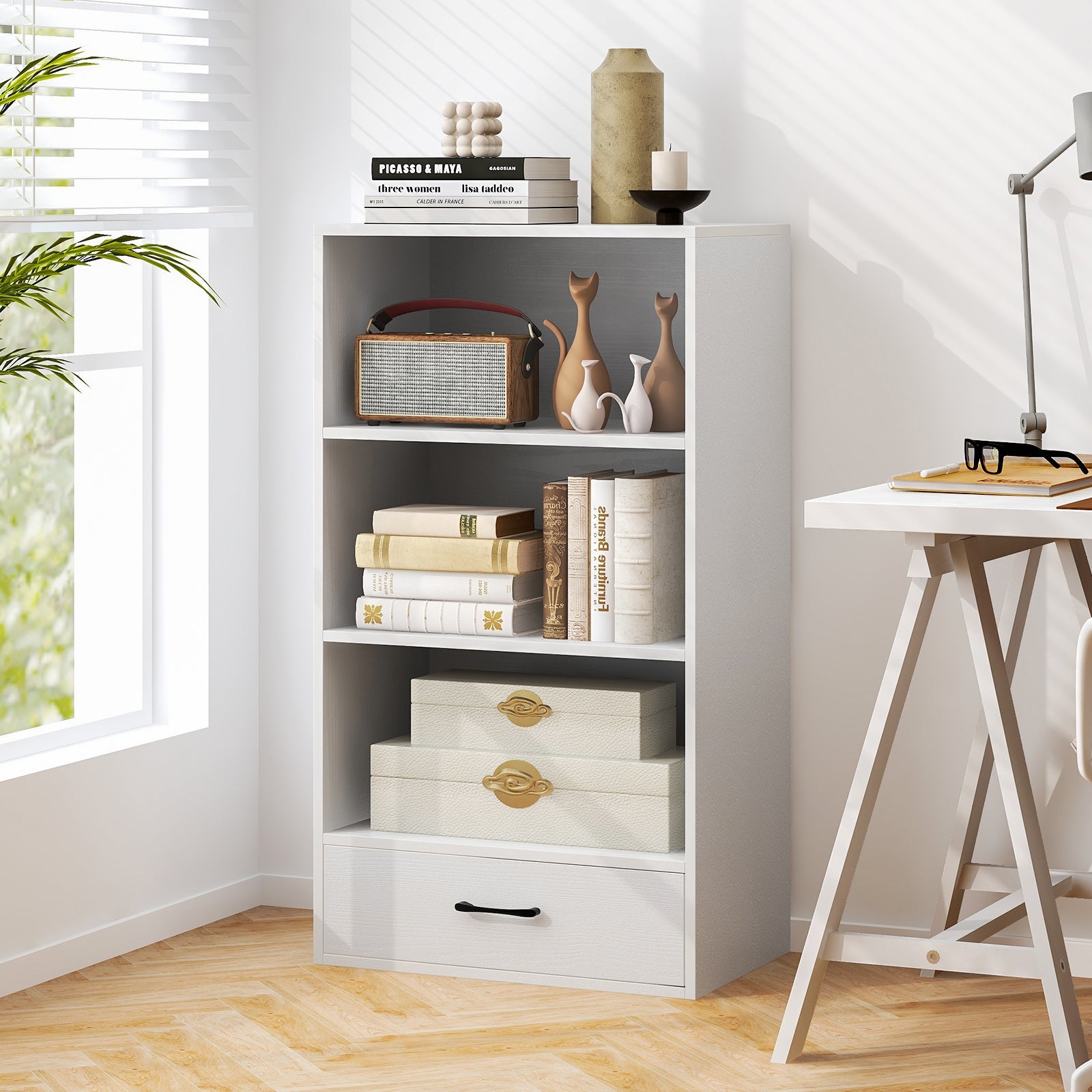 48 Inch Tall 4 Tiers Wood Bookcase with Drawer-White