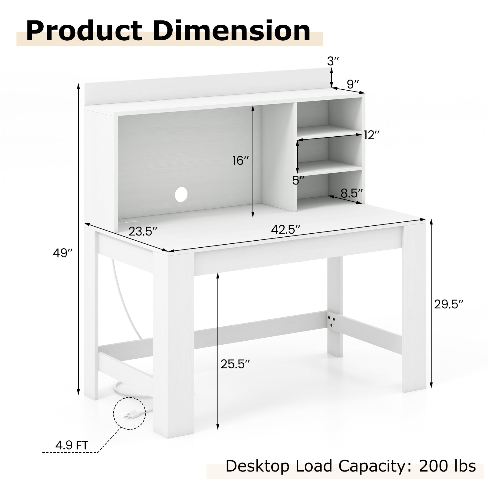48 Inch Writing Computer Desk with Anti-Tipping Kits and Cable Management Hole-White
