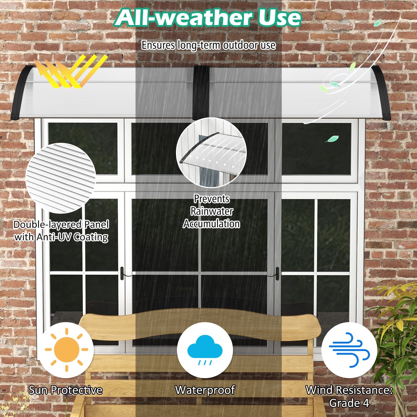 48 x 40 Inch Outdoor Front Door Window Awning Door Canopy Exterior-Black