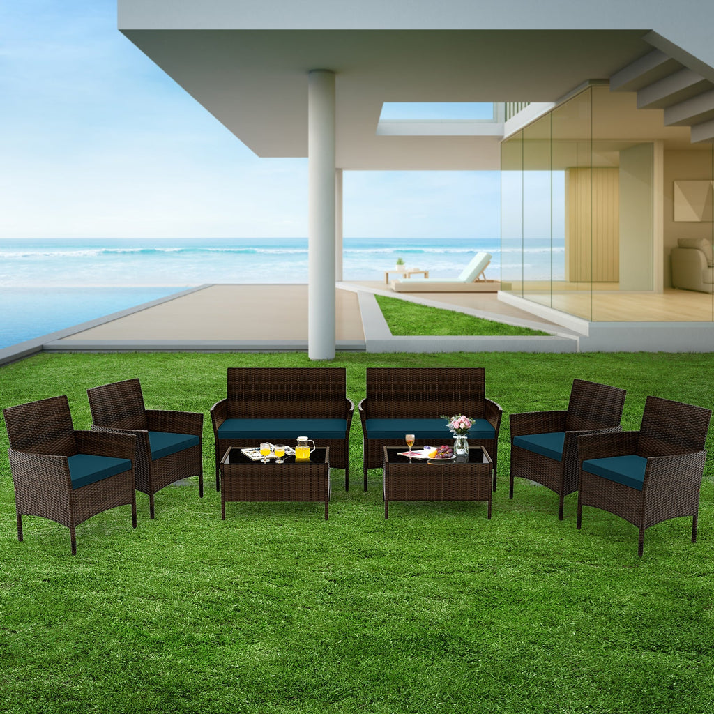 4 Piece Patio Rattan Conversation Set with Cozy Seat Cushions-Peacock Blue