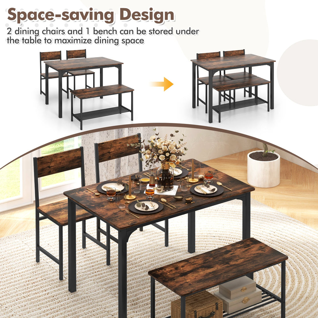 4 Pieces Rustic Dining Table Set with 2 Chairs and Bench-Rustic Brown