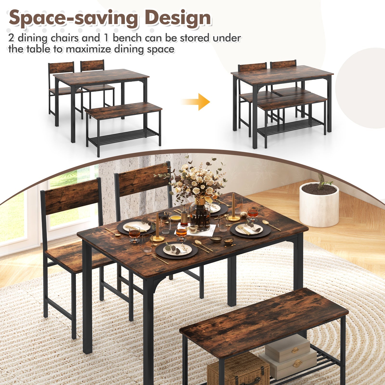 4 Pieces Rustic Dining Table Set with 2 Chairs and Bench-Rustic Brown