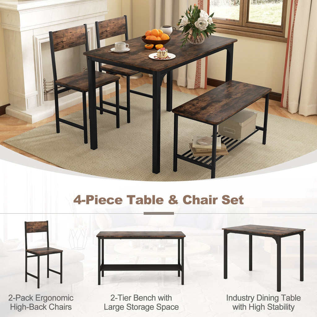 4 Pieces Rustic Dining Table Set with 2 Chairs and Bench-Rustic Brown