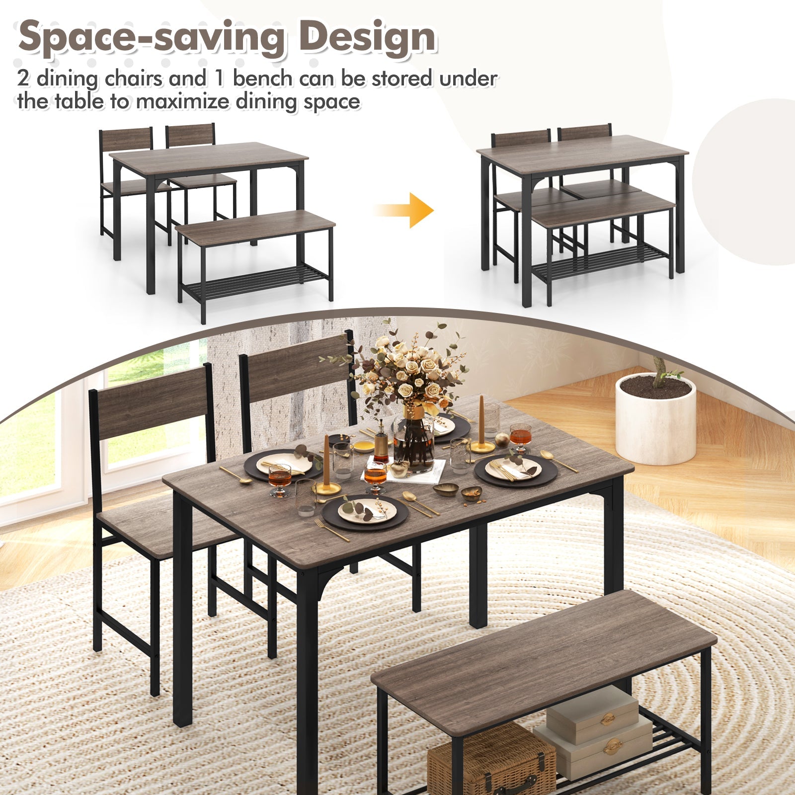 4 Pieces Rustic Dining Table Set with 2 Chairs and Bench-Gray