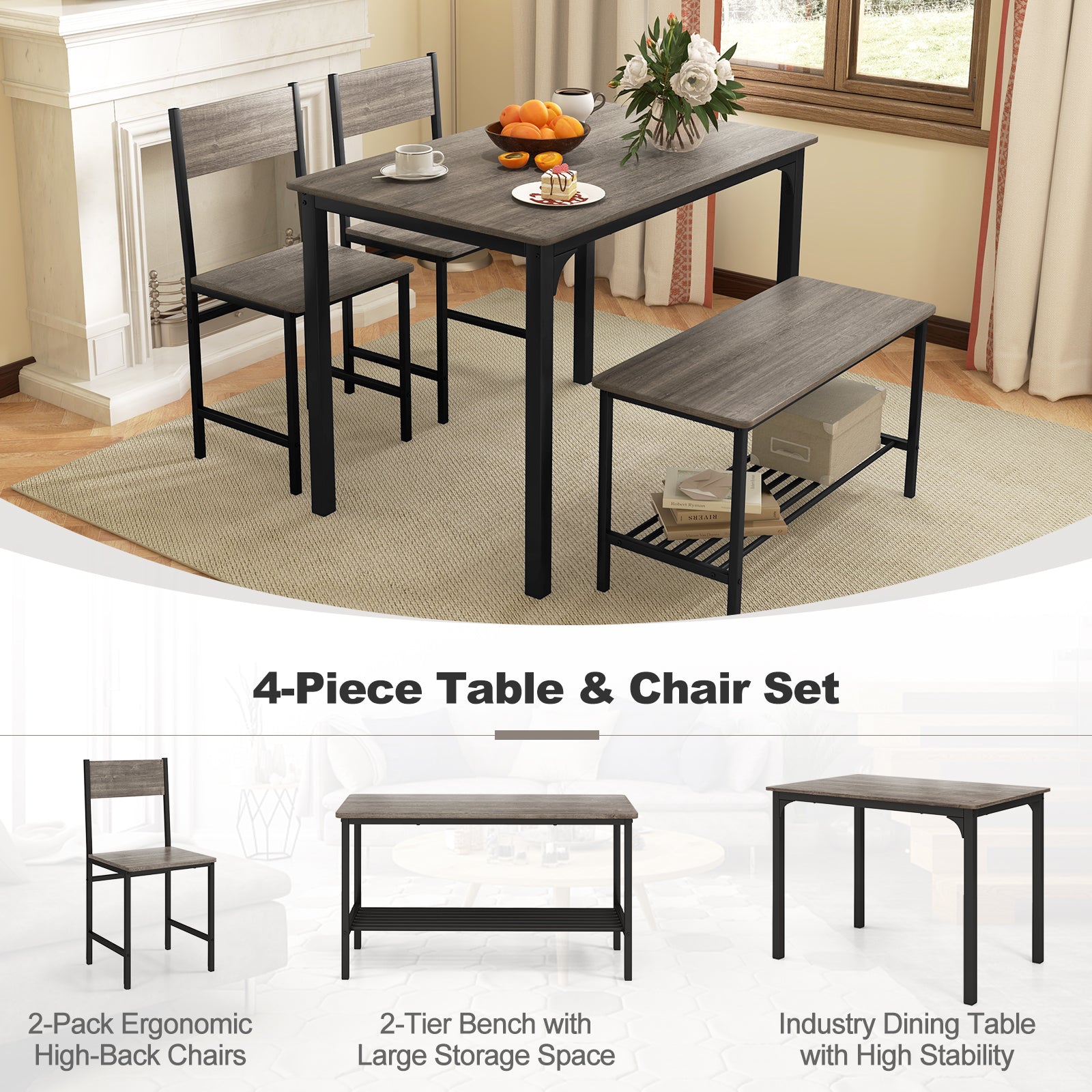 4 Pieces Rustic Dining Table Set with 2 Chairs and Bench-Gray