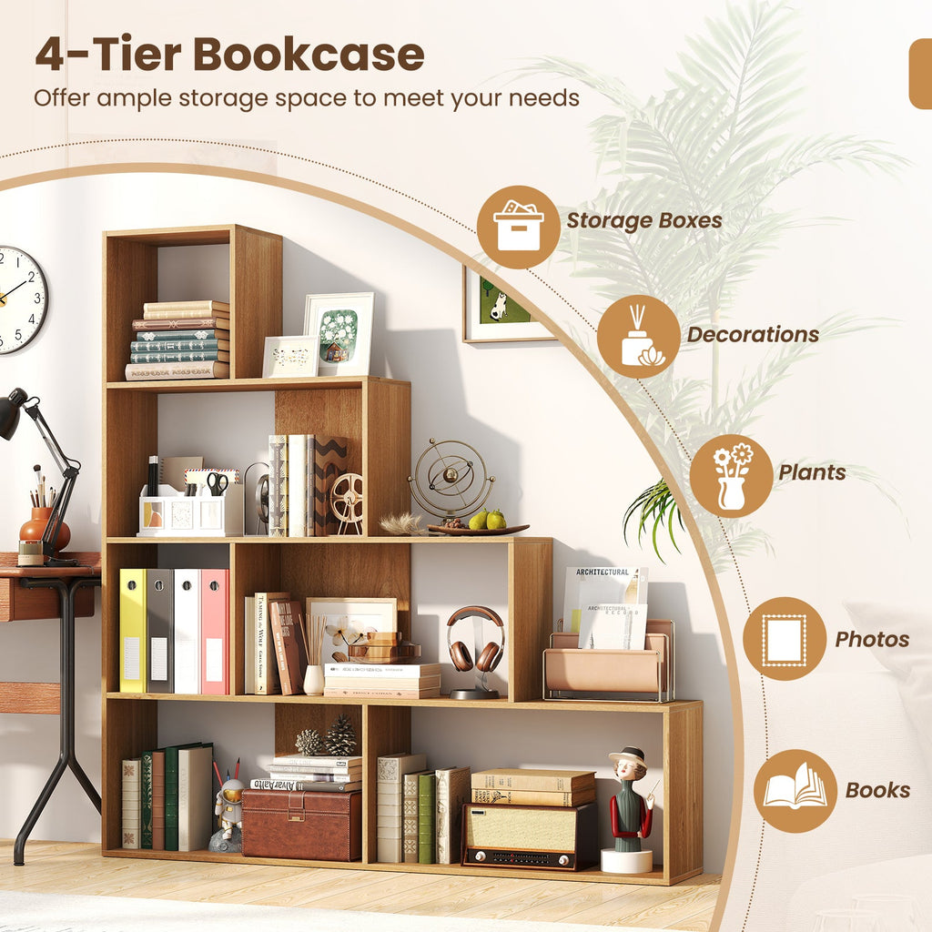 4-Tier Bookshelf Stair Bookcase with 6 Cubes Display Rack-Natural