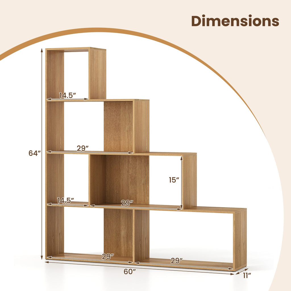 4-Tier Bookshelf Stair Bookcase with 6 Cubes Display Rack-Natural