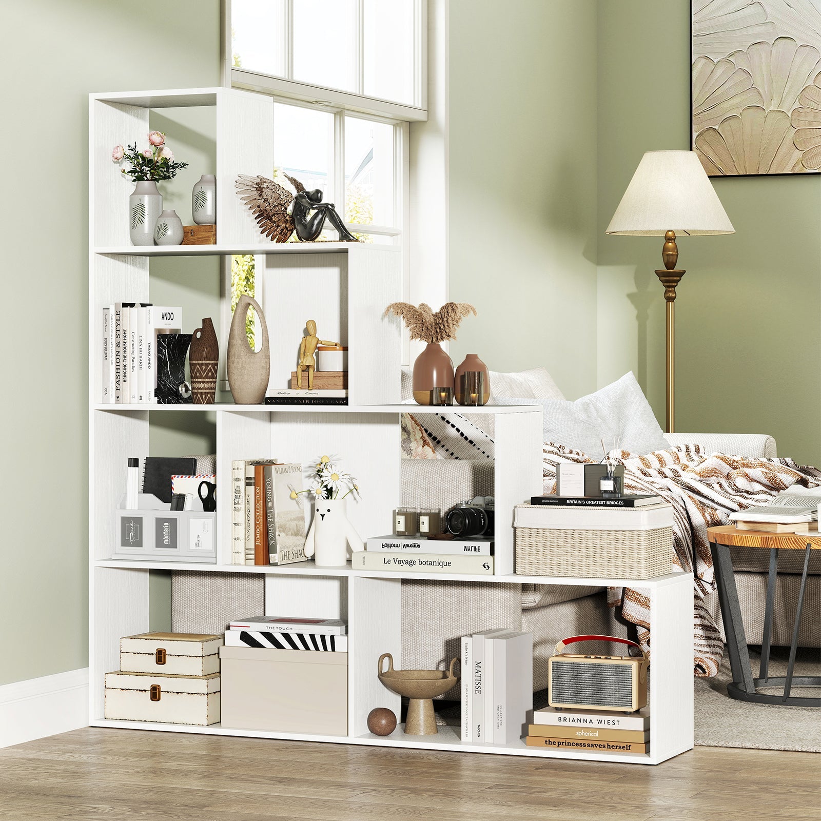 4-Tier Bookshelf Stair Bookcase with 6 Cubes Display Rack-White