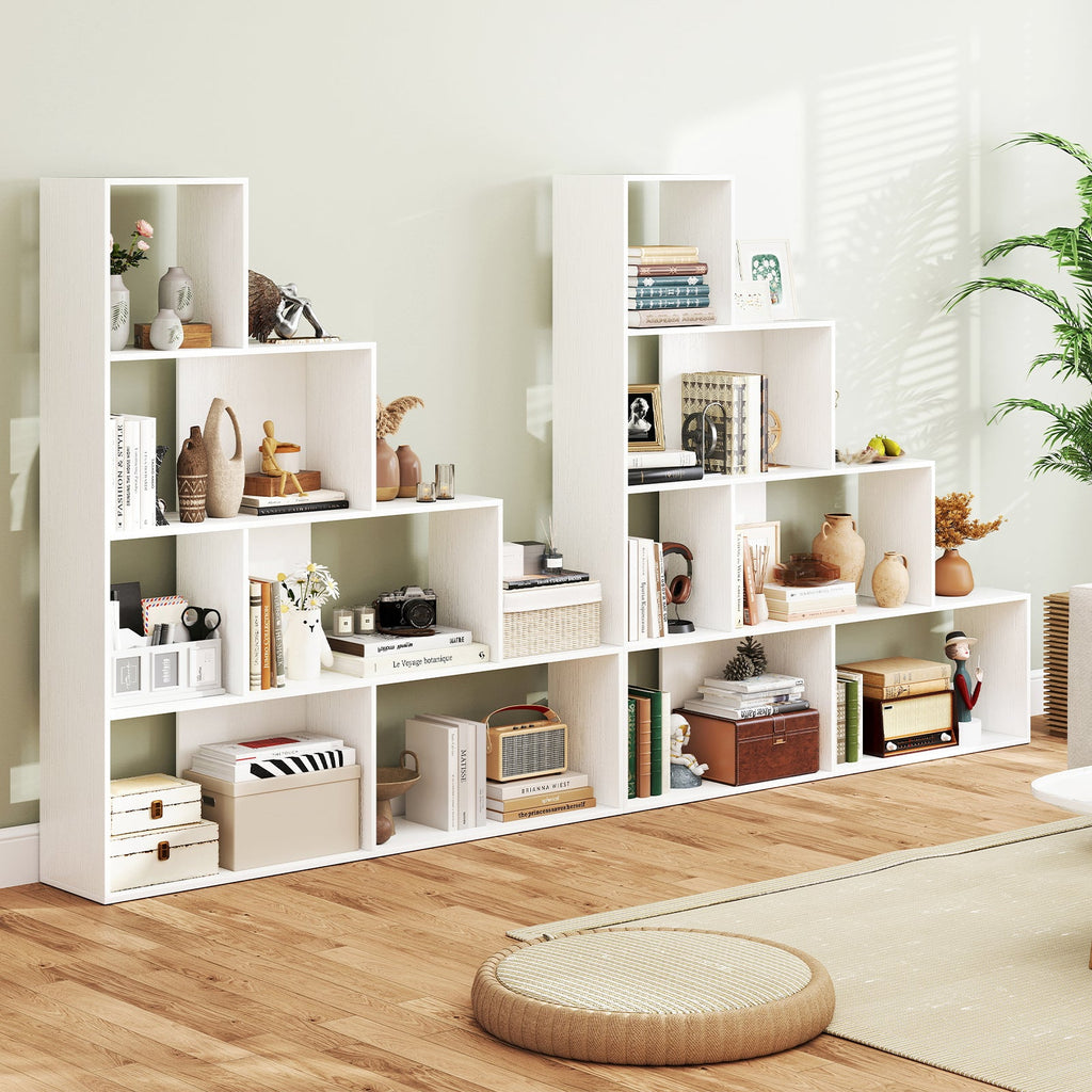 4-Tier Bookshelf Stair Bookcase with 6 Cubes Display Rack-White