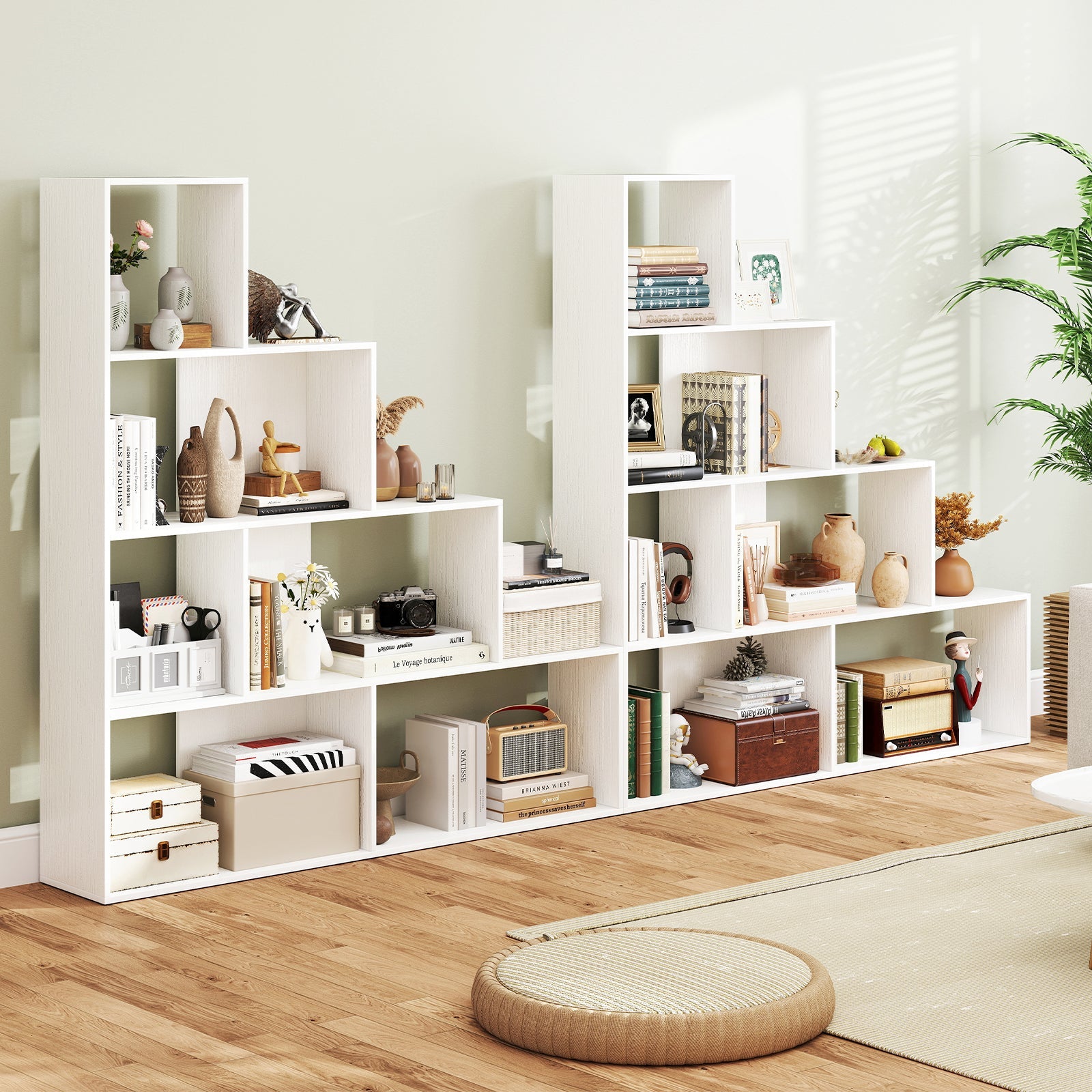 4-Tier Bookshelf Stair Bookcase with 6 Cubes Display Rack-White