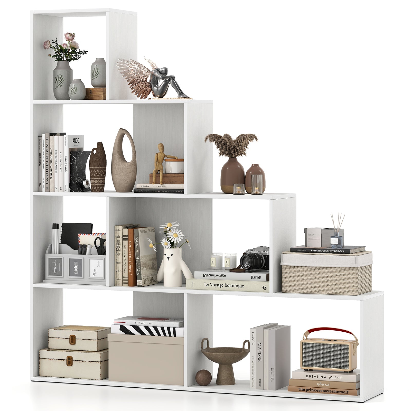 4-Tier Bookshelf Stair Bookcase with 6 Cubes Display Rack-White