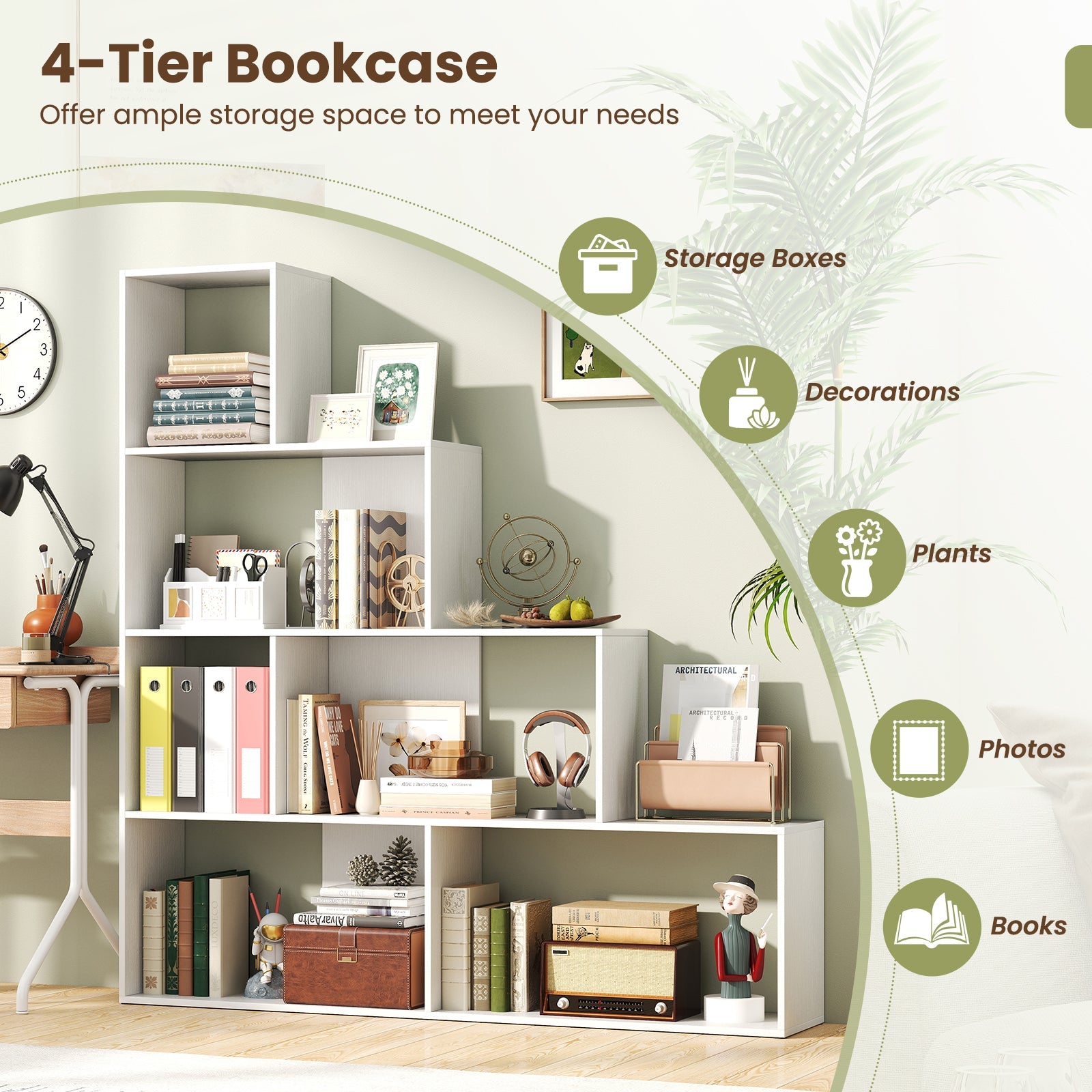 4-Tier Bookshelf Stair Bookcase with 6 Cubes Display Rack-White
