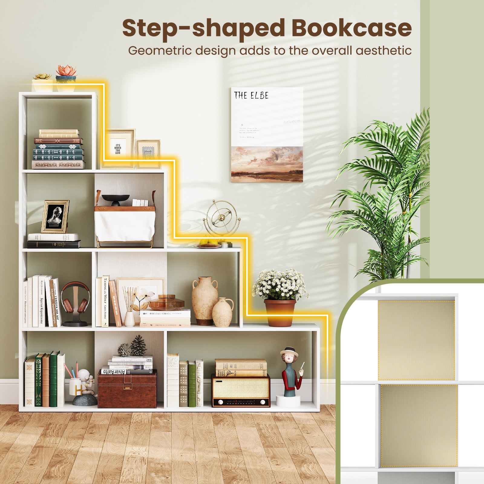 4-Tier Bookshelf Stair Bookcase with 6 Cubes Display Rack-White
