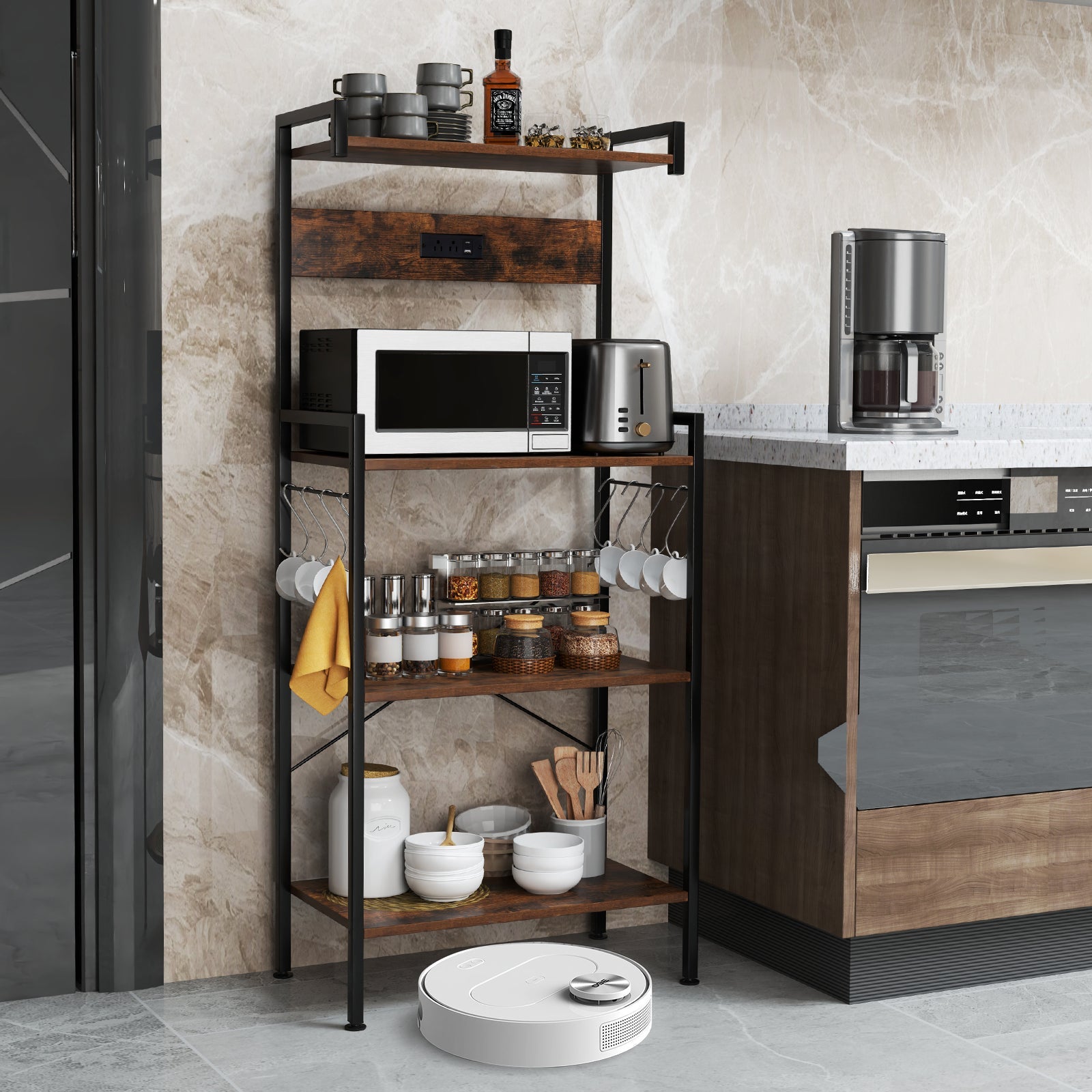4-Tier Kitchen Bakers Rack with Power Outlet and 8 Hooks-Rustic Brown
