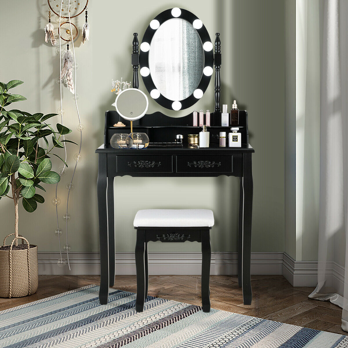 Makeup Dressing Table with Touch Switch Lighted Mirror and Cushioned Stool-Black