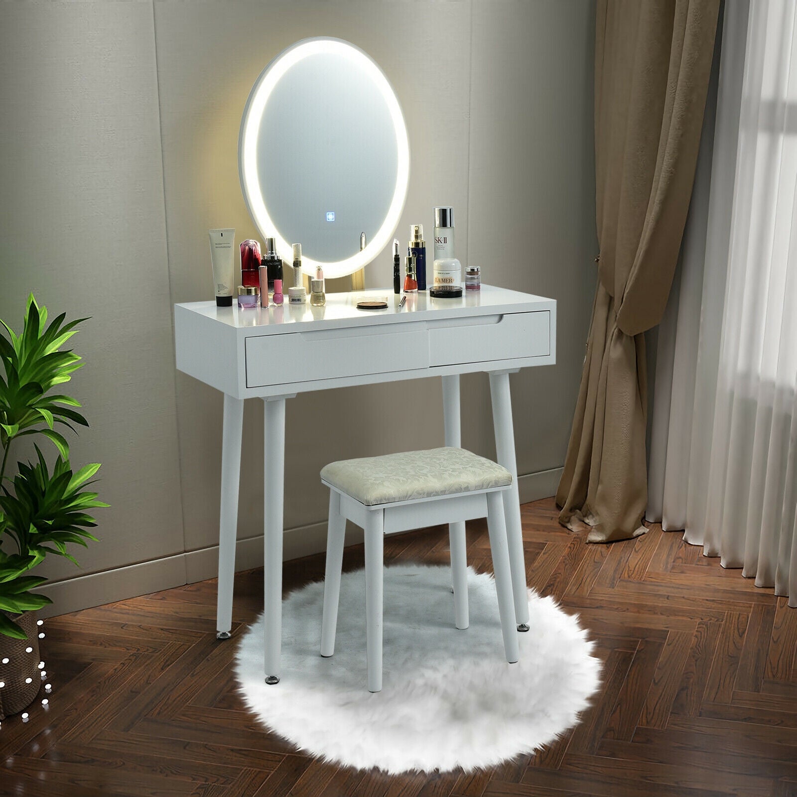Touch Screen Vanity Makeup Table Stool Set with Lighted Mirror-White