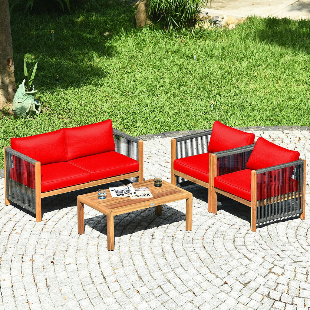 4 Pieces Acacia Wood Outdoor Patio Furniture Set with Cushions-Red