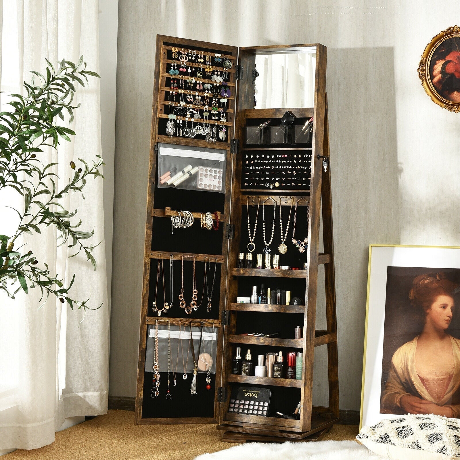 360° Rotatable 2-in-1 Lockable Jewelry Cabinet with Full-Length Mirror-Rustic Brown