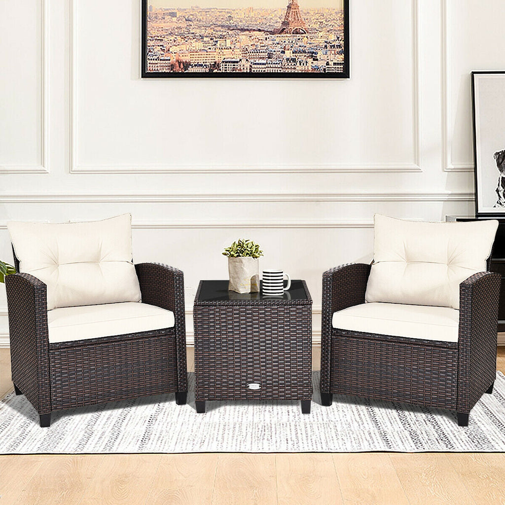 3 Pieces Patio Rattan Furniture Set Cushioned Conversation Set Coffee Table-White