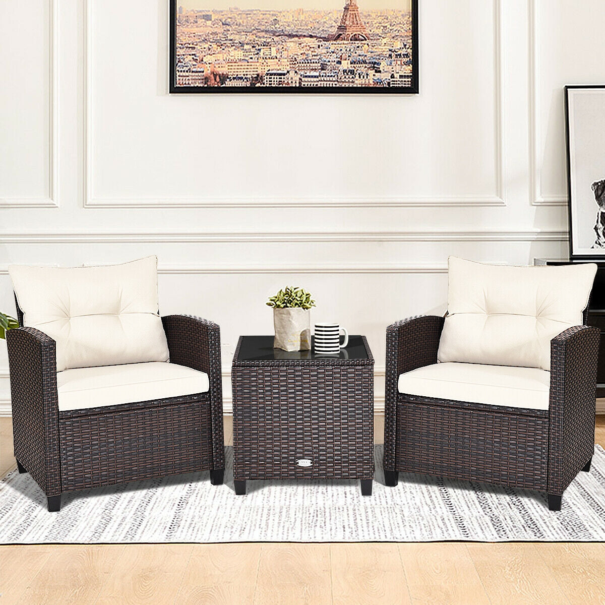 3 Pieces Patio Rattan Furniture Set Cushioned Conversation Set Coffee Table-White