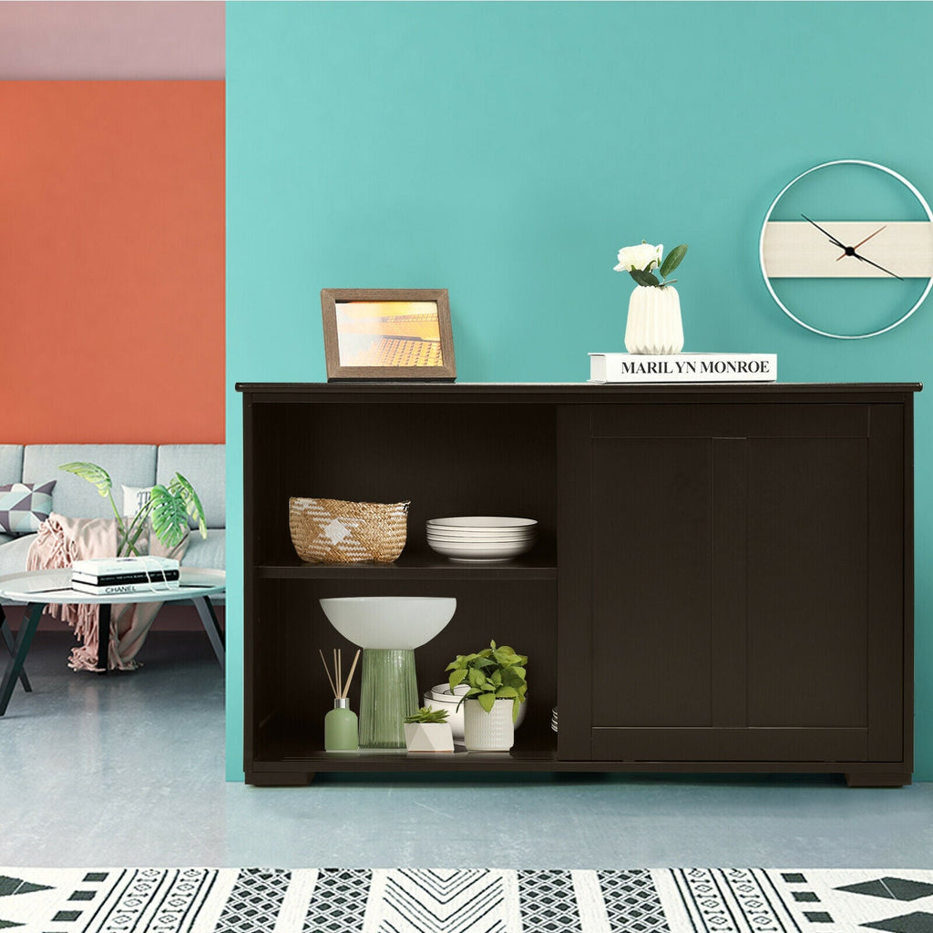 Kitchen Storage Cabinet with Wood Sliding Door-Brown